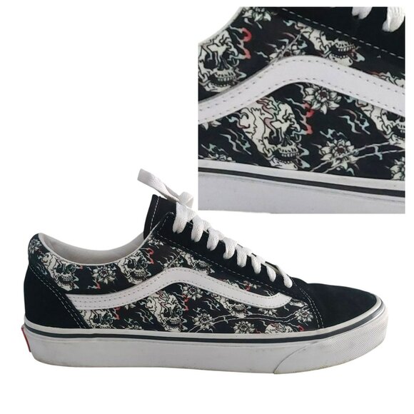 Vans Old Skool Sneakers Skulls Roses Black White Canvas Suede Skate Shoe Unisex - Picture 1 of 16
